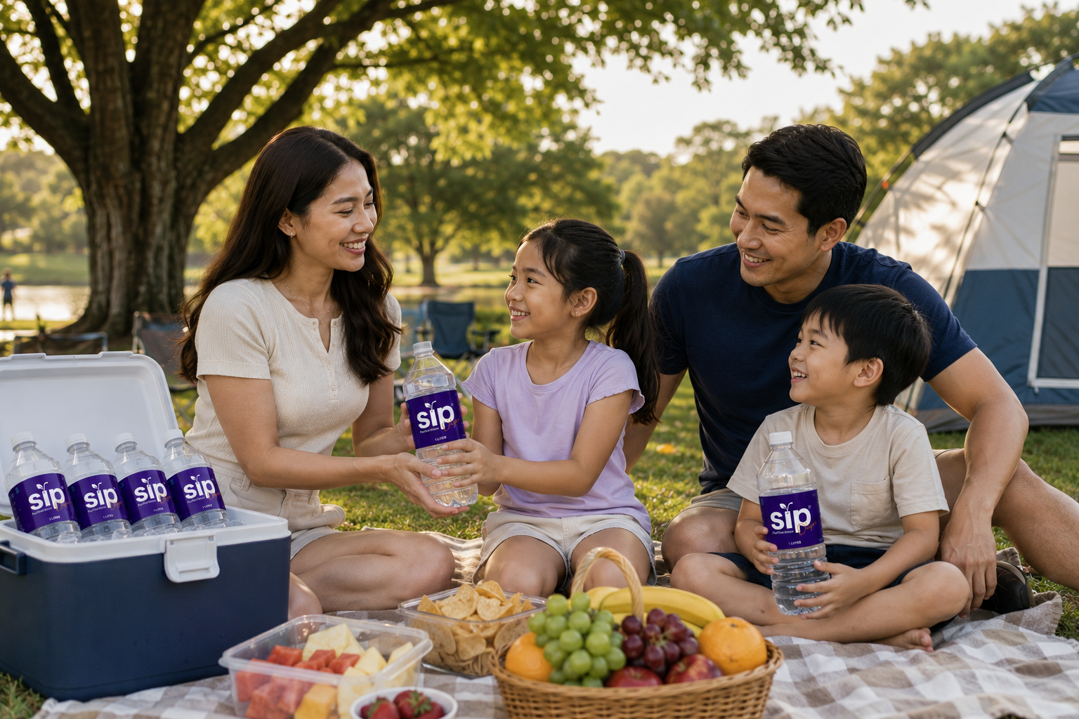 Family sharing SIP Purified Water during an outdoor picnic
