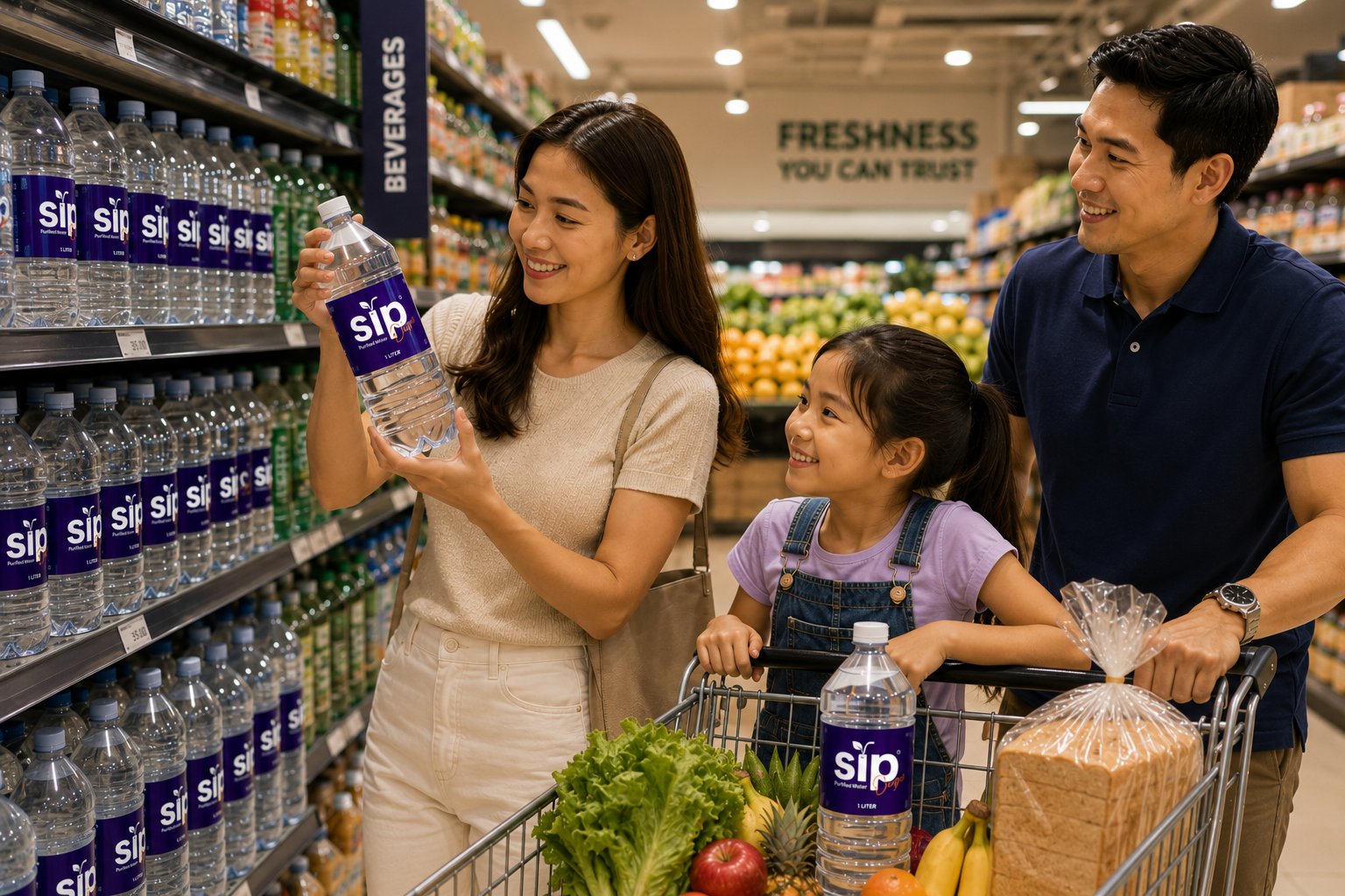 Customer selecting SIP Purified Water from a stocked retail display