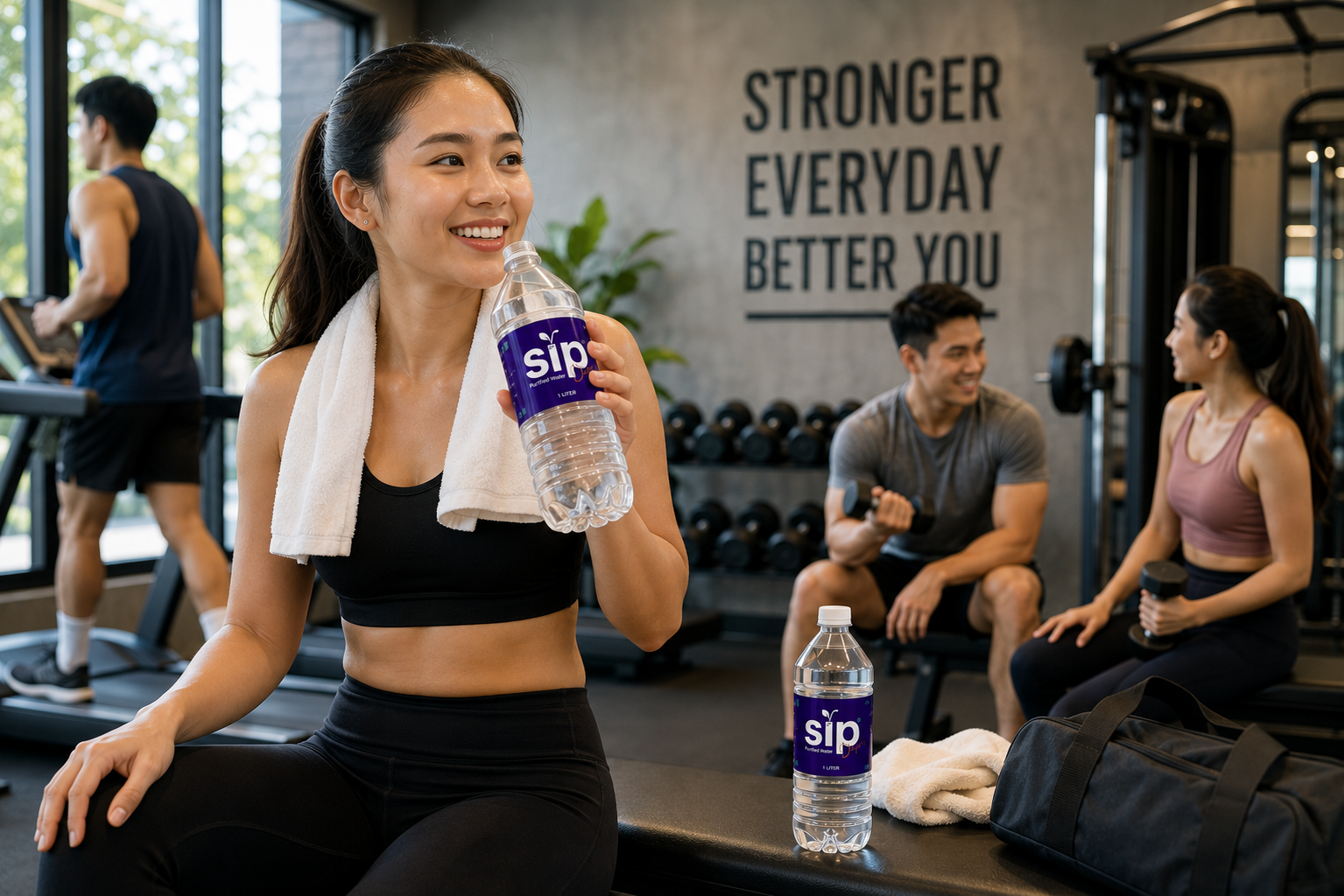 Active customer enjoying SIP Purified Water after a premium gym workout
