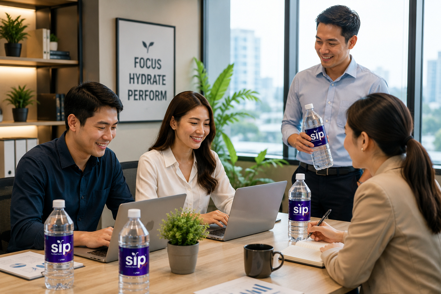 Professional team sharing SIP Purified Water in a collaborative office