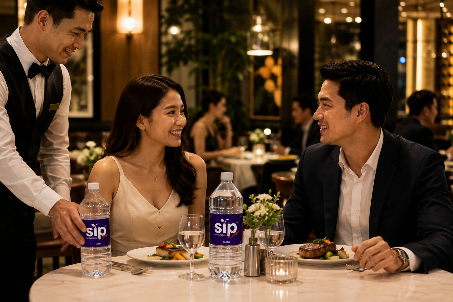 Restaurant guests enjoying SIP Purified Water with dinner