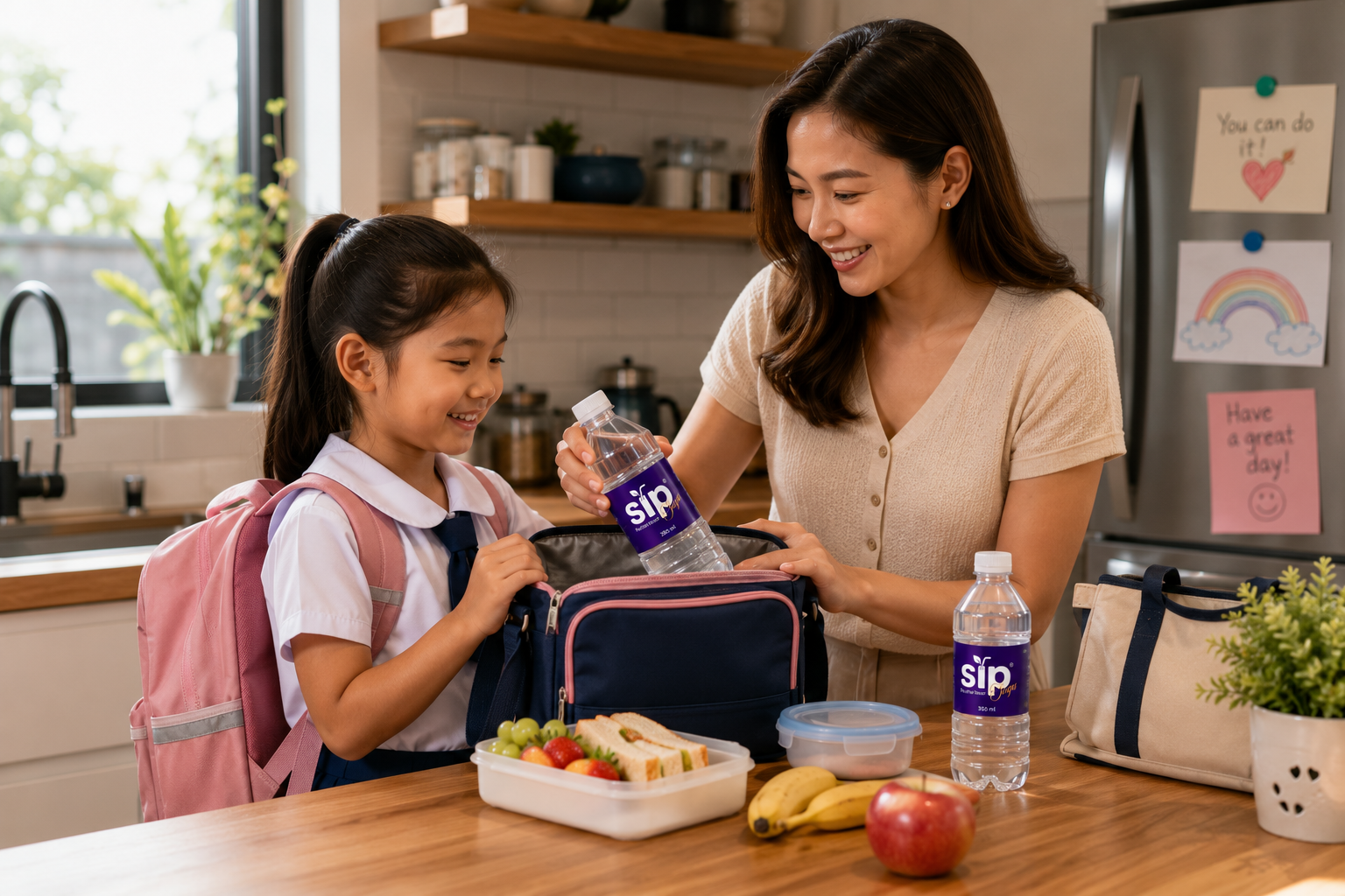 Student packing SIP water for a school lunch